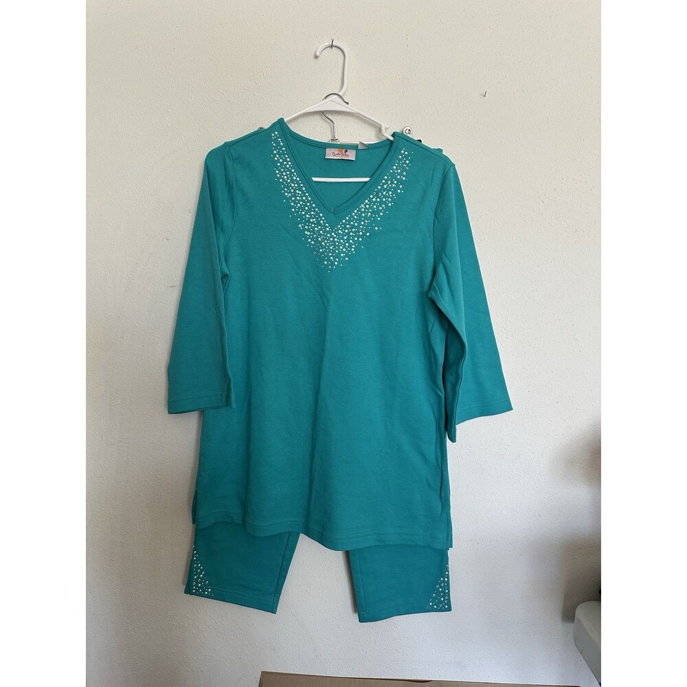 Quacker Factory Top & Cropped Pants Set Women's ~ Green  Sz Small